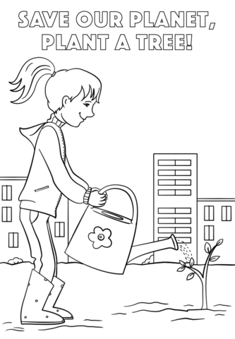 Kolorowanka dziewczynka w kaloszach podlewa drzewko